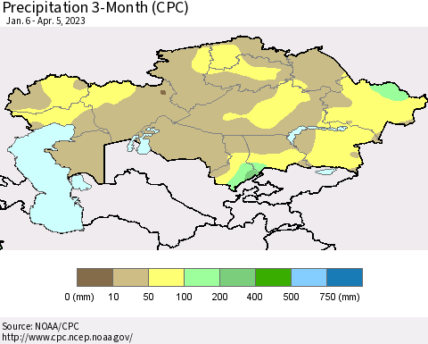 Kazakhstan Precipitation 3-Month (CPC) Thematic Map For 1/6/2023 - 4/5/2023