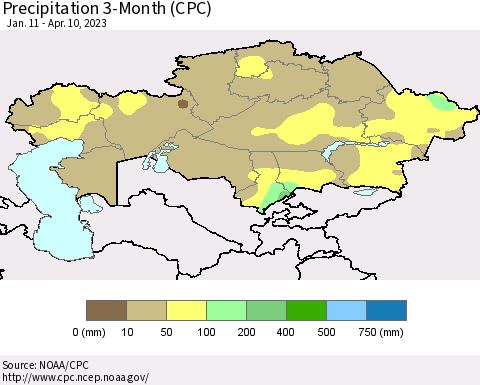 Kazakhstan Precipitation 3-Month (CPC) Thematic Map For 1/11/2023 - 4/10/2023