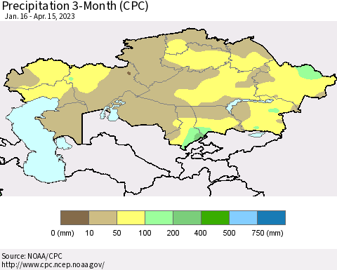 Kazakhstan Precipitation 3-Month (CPC) Thematic Map For 1/16/2023 - 4/15/2023