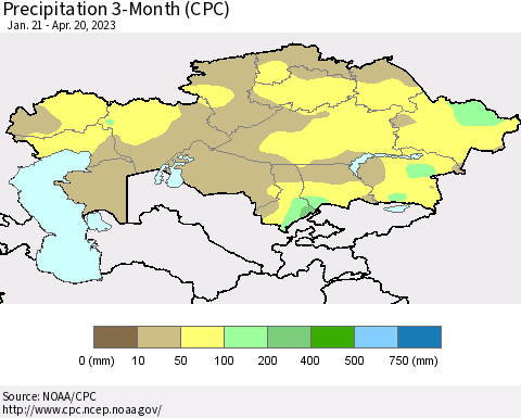 Kazakhstan Precipitation 3-Month (CPC) Thematic Map For 1/21/2023 - 4/20/2023