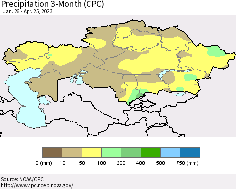 Kazakhstan Precipitation 3-Month (CPC) Thematic Map For 1/26/2023 - 4/25/2023
