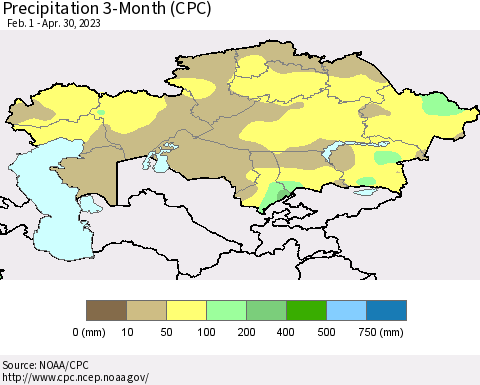 Kazakhstan Precipitation 3-Month (CPC) Thematic Map For 2/1/2023 - 4/30/2023