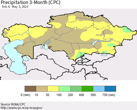 Kazakhstan Precipitation 3-Month (CPC) Thematic Map For 2/6/2023 - 5/5/2023