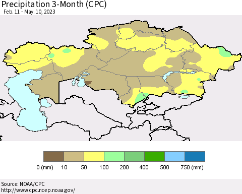 Kazakhstan Precipitation 3-Month (CPC) Thematic Map For 2/11/2023 - 5/10/2023