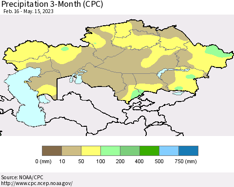 Kazakhstan Precipitation 3-Month (CPC) Thematic Map For 2/16/2023 - 5/15/2023