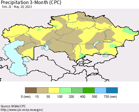 Kazakhstan Precipitation 3-Month (CPC) Thematic Map For 2/21/2023 - 5/20/2023