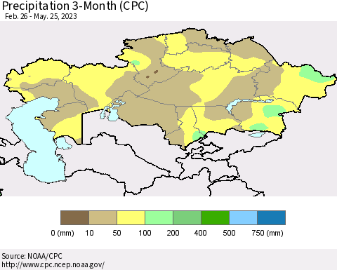Kazakhstan Precipitation 3-Month (CPC) Thematic Map For 2/26/2023 - 5/25/2023