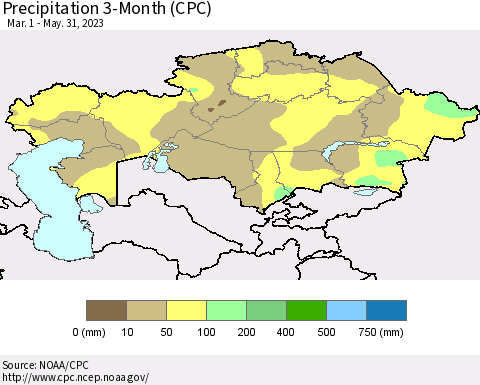 Kazakhstan Precipitation 3-Month (CPC) Thematic Map For 3/1/2023 - 5/31/2023