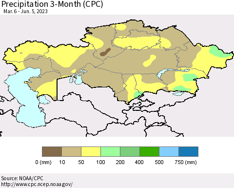 Kazakhstan Precipitation 3-Month (CPC) Thematic Map For 3/6/2023 - 6/5/2023
