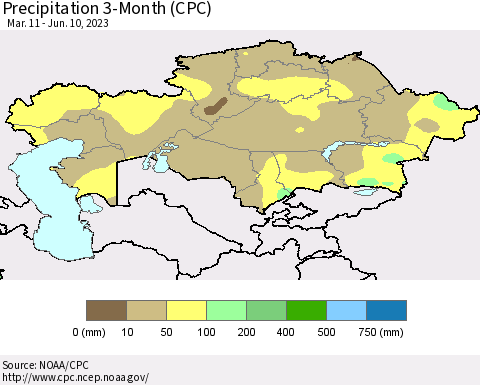 Kazakhstan Precipitation 3-Month (CPC) Thematic Map For 3/11/2023 - 6/10/2023