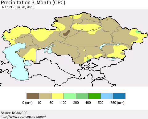 Kazakhstan Precipitation 3-Month (CPC) Thematic Map For 3/21/2023 - 6/20/2023