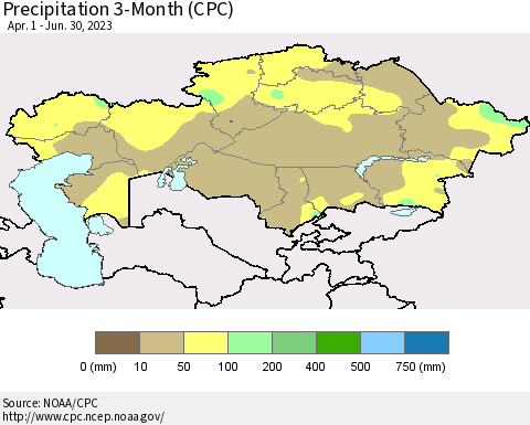 Kazakhstan Precipitation 3-Month (CPC) Thematic Map For 4/1/2023 - 6/30/2023