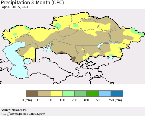 Kazakhstan Precipitation 3-Month (CPC) Thematic Map For 4/6/2023 - 7/5/2023