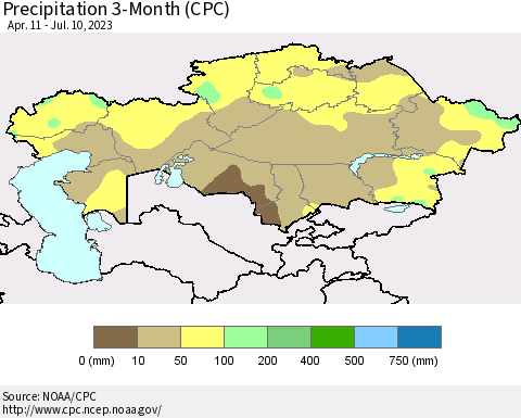 Kazakhstan Precipitation 3-Month (CPC) Thematic Map For 4/11/2023 - 7/10/2023