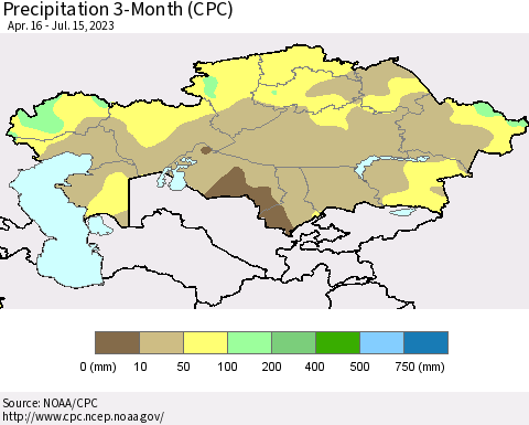 Kazakhstan Precipitation 3-Month (CPC) Thematic Map For 4/16/2023 - 7/15/2023