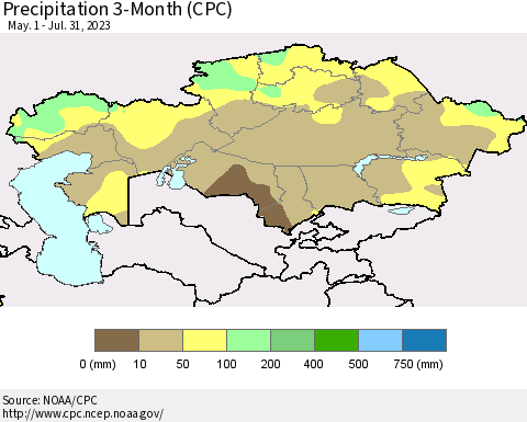 Kazakhstan Precipitation 3-Month (CPC) Thematic Map For 5/1/2023 - 7/31/2023