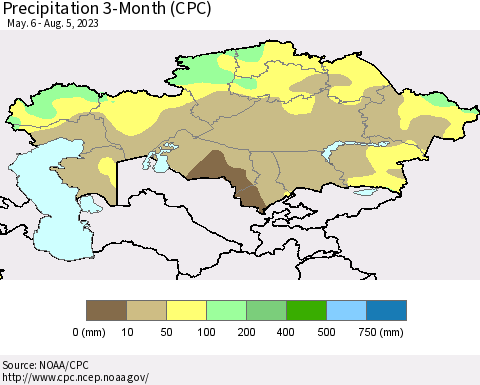 Kazakhstan Precipitation 3-Month (CPC) Thematic Map For 5/6/2023 - 8/5/2023