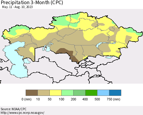 Kazakhstan Precipitation 3-Month (CPC) Thematic Map For 5/11/2023 - 8/10/2023
