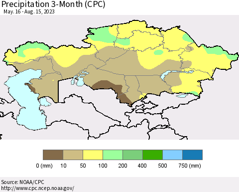 Kazakhstan Precipitation 3-Month (CPC) Thematic Map For 5/16/2023 - 8/15/2023