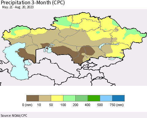 Kazakhstan Precipitation 3-Month (CPC) Thematic Map For 5/21/2023 - 8/20/2023