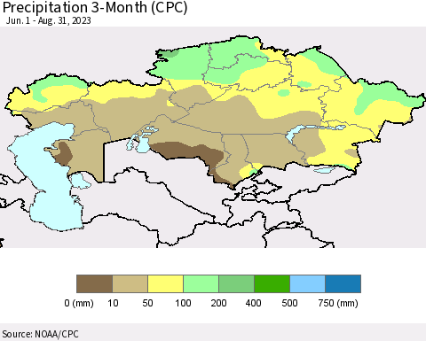 Kazakhstan Precipitation 3-Month (CPC) Thematic Map For 6/1/2023 - 8/31/2023