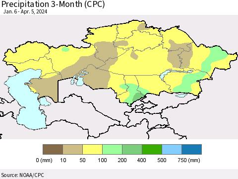 Kazakhstan Precipitation 3-Month (CPC) Thematic Map For 1/6/2024 - 4/5/2024