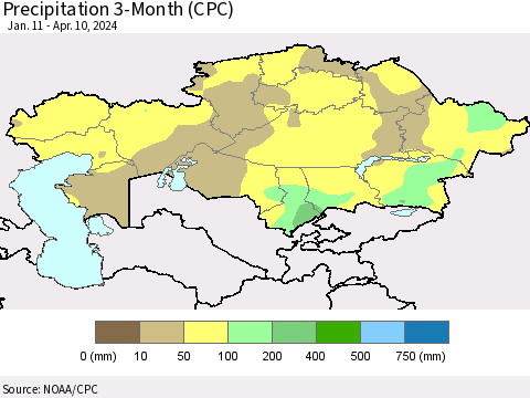 Kazakhstan Precipitation 3-Month (CPC) Thematic Map For 1/11/2024 - 4/10/2024