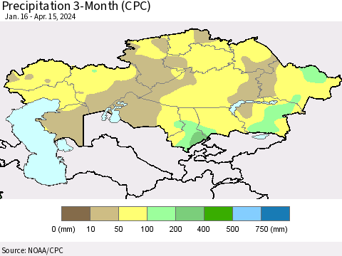 Kazakhstan Precipitation 3-Month (CPC) Thematic Map For 1/16/2024 - 4/15/2024