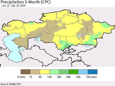 Kazakhstan Precipitation 3-Month (CPC) Thematic Map For 1/21/2024 - 4/20/2024
