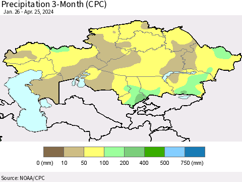 Kazakhstan Precipitation 3-Month (CPC) Thematic Map For 1/26/2024 - 4/25/2024