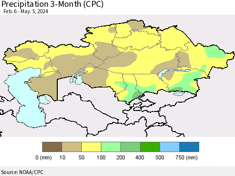 Kazakhstan Precipitation 3-Month (CPC) Thematic Map For 2/6/2024 - 5/5/2024