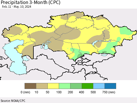 Kazakhstan Precipitation 3-Month (CPC) Thematic Map For 2/11/2024 - 5/10/2024