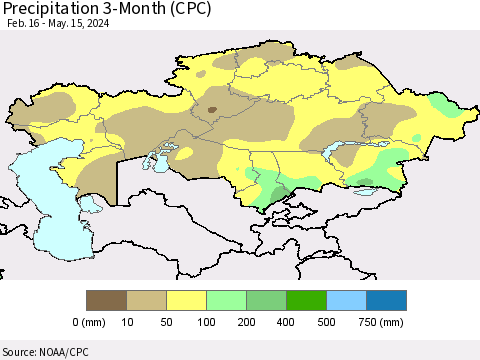 Kazakhstan Precipitation 3-Month (CPC) Thematic Map For 2/16/2024 - 5/15/2024