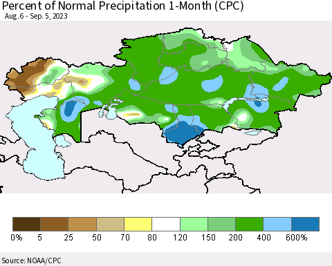 Kazakhstan Percent of Normal Precipitation 1-Month (CPC) Thematic Map For 8/6/2023 - 9/5/2023