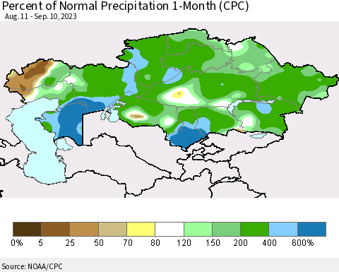 Kazakhstan Percent of Normal Precipitation 1-Month (CPC) Thematic Map For 8/11/2023 - 9/10/2023