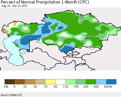 Kazakhstan Percent of Normal Precipitation 1-Month (CPC) Thematic Map For 8/16/2023 - 9/15/2023