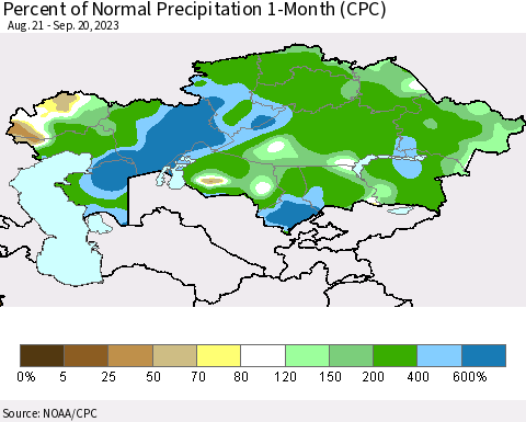 Kazakhstan Percent of Normal Precipitation 1-Month (CPC) Thematic Map For 8/21/2023 - 9/20/2023