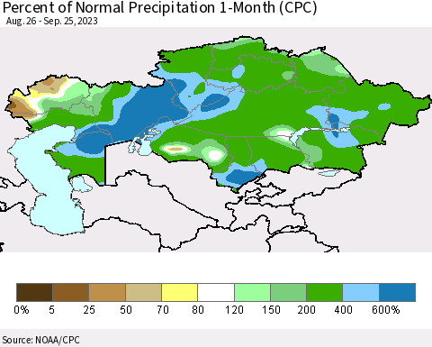 Kazakhstan Percent of Normal Precipitation 1-Month (CPC) Thematic Map For 8/26/2023 - 9/25/2023