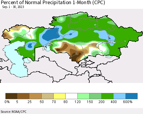 Kazakhstan Percent of Normal Precipitation 1-Month (CPC) Thematic Map For 9/1/2023 - 9/30/2023