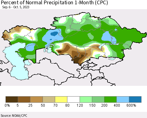 Kazakhstan Percent of Normal Precipitation 1-Month (CPC) Thematic Map For 9/6/2023 - 10/5/2023