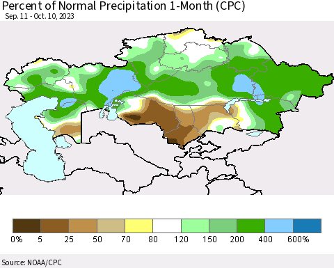 Kazakhstan Percent of Normal Precipitation 1-Month (CPC) Thematic Map For 9/11/2023 - 10/10/2023