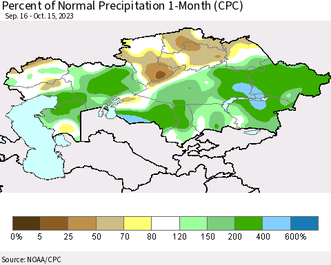 Kazakhstan Percent of Normal Precipitation 1-Month (CPC) Thematic Map For 9/16/2023 - 10/15/2023