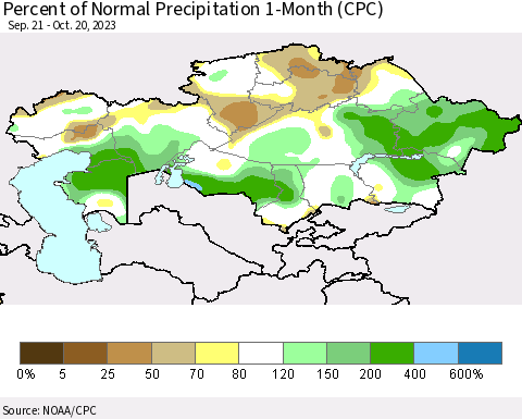 Kazakhstan Percent of Normal Precipitation 1-Month (CPC) Thematic Map For 9/21/2023 - 10/20/2023