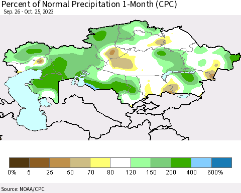 Kazakhstan Percent of Normal Precipitation 1-Month (CPC) Thematic Map For 9/26/2023 - 10/25/2023