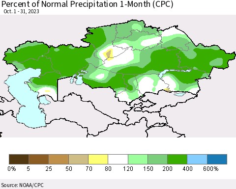 Kazakhstan Percent of Normal Precipitation 1-Month (CPC) Thematic Map For 10/1/2023 - 10/31/2023