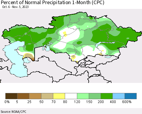 Kazakhstan Percent of Normal Precipitation 1-Month (CPC) Thematic Map For 10/6/2023 - 11/5/2023