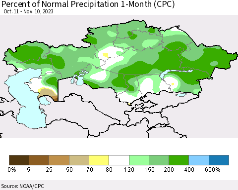 Kazakhstan Percent of Normal Precipitation 1-Month (CPC) Thematic Map For 10/11/2023 - 11/10/2023