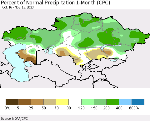 Kazakhstan Percent of Normal Precipitation 1-Month (CPC) Thematic Map For 10/16/2023 - 11/15/2023