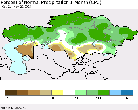 Kazakhstan Percent of Normal Precipitation 1-Month (CPC) Thematic Map For 10/21/2023 - 11/20/2023