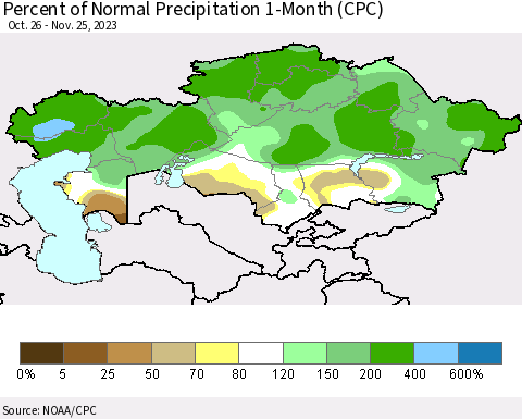 Kazakhstan Percent of Normal Precipitation 1-Month (CPC) Thematic Map For 10/26/2023 - 11/25/2023